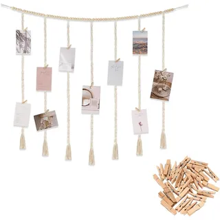 MHYMX Fotowand mit Klammern, Fotogirlande Boho Fotovorhang Hängende Fotocollage Wand Bilderrahmen mit 45 Holz Klammern und Leine DIY Fotoseil für Wohnkultur Schlafzimmer Deko