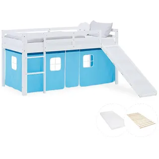 Homestyle4u Hochbett 90/200 cm in weiß Matratze Rutsche Bettvorhang Blau , Textil , Kiefer , 90x200 cm , Babymöbel & Kindermöbel, Kinderzimmer & Jugendzimmer, Kinderbetten, Hochbetten