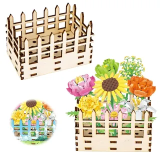 Vase für Lego Blumen, Holzvase, Puzzle Vase für Blumen, Holzzaun Displayständer für Lego Blumen, für Lego Blumenstrauß, Kirschblüten, Sonnenblumen