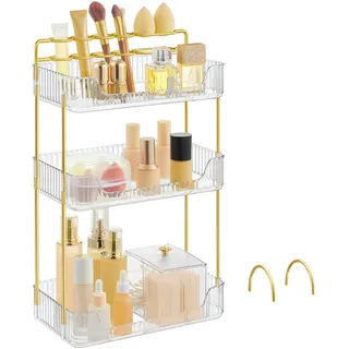 SONGMICS Make-up Organizer, 2 Typen von Zubehörteilen, Kosmetik-Organizer 3 Ebenen, rechteckig, anpassbar, Aufbewahrung für Schminktisch, Geschenkidee, transparent JKA013W01