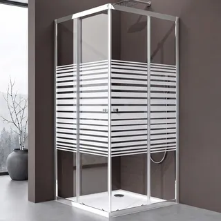 doporro Duschkabine Schiebetür 80x80cm Duschabtrennung Milchglas Streifen | 6mm ESG-Sicherheitsglas inkl. Nano-Beschichtung | Links/Rechts montierbar | Aluminium in Chrom | Ravenna16MS