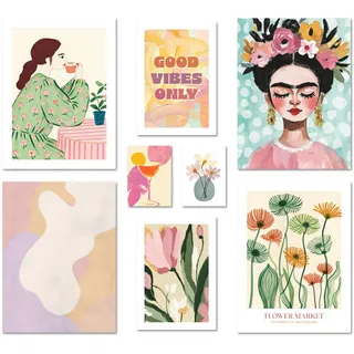 ARTFAVES® Poster Set - ABSTRACT ART GALERIE - mehrteilige Wanddeko Wohnzimmer & Schlafzimmer - 8 moderne Wandbilder abstrakt, pastell, sommer, frühling, kunst, frida kahlo - ohne Bilderrahmen