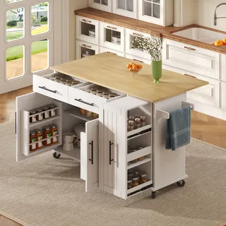 Flieks Servierwagen mit klappbarer Arbeitsplatte, Küchenwagen mit 2 Schubladen, Küchenschrank mit 2 Türen, Speisewagen mit Handtuchhalter, weiß - Weiß