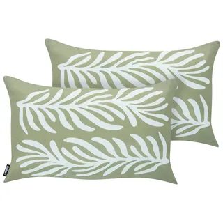 BELIANI Gartenkissen 2er Set Olivgrün Polyester 30 x 50 cm Rechteckig Pflanzenmuster Skandinavischer Stil Outdoor Kissen - Grün