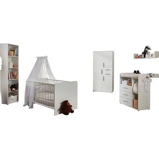 BMG Möbel Babyzimmer-Komplettset »Lea«, (Set, 5 tlg., Bett, Wickelkommode, Schrank, Standregal, Wandboard), Bett + Wickelkommode + 3-trg. Schrank + Standregal + Wandboard, weiß