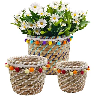 KMERCE 3er Set Pflanzenkorb Seegras, übertopf Boho, Blumentöpfe Geflochten rund, dekorativ übertöpfe Korb für zimmerpflanzen, Mit Wasserdichtem Kunststofffutter, 12 cm, 17 cm, 23 cm Durchmesser