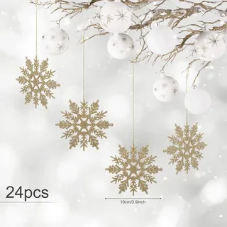 24 x Schneeflocken Weihnachten Deko für Weihnachtsbaum Glitzer Weihnachtsbaumschmuck, Champagner, Kunststoff - Beige