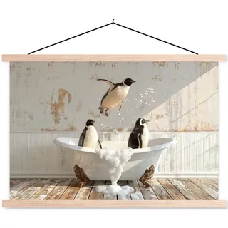 MuchoWow Poster Vintage - Pinguin - Badewanne - Schaumstoff 120x80 cm , Schwarz , Textil , Rechteckig , 120x80x0.15 cm , Bilder & Rahmen, Bilder, Sonstige Wandbilder