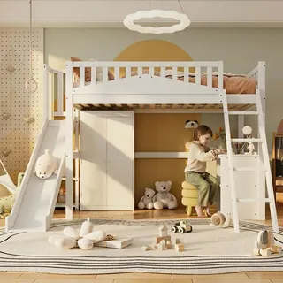 MODFU Kinderbett 90 x 200 mit Fallschutzgitter,Hochbett Jugendbett mit Tisch,Kleiderschrank,Rutsche,vierstufiger Leiter,ohne Matratze,Weiß - Weiß