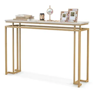 FANTASK Schmal Konsolentisch, 120 x 30 x 80,5 cm, Beistelltisch Marmor mit Metallrahmen, Flurtisch, Eingangstisch für Eingangsbereich, Wohnzimmer, Flur (Gold)
