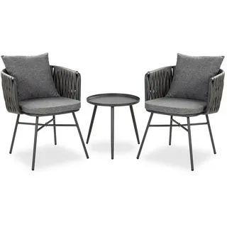 Homestyle4u Gartenmöbel-Set, 3-tlg. Kunststoff Grau , Metall, Textil - Gartenmöbel, Set Balkonmöbel Rattan Garten Lounge Möbel Set 2 Outdoor