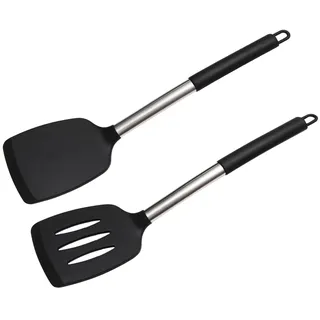 2 Stück Pfannenwender Set, Silikon Pfannenwender mit Edelstahlgriff, Hitzebeständig & antihaftbeschichtet, Pfannkuchenwender und Lochwender für Küche, Küchenutensilien, Schwarz
