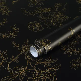 Fiula Selbstklebende Tapete Klebefolie Möbel Blumen 44CM×10M Möbelfolie Selbstklebend Vinyl Wrap Schwarz Blumentapete Blätter Vintage Schmetterling Dekorfolie Wohnzimmer Wasserdicht Wallpaper