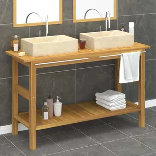 The Living Store Waschtisch mit Creme Marmorbecken Massivholz Teak - Creme