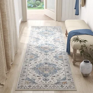 TOPICK Läufer Flur Waschbar Küche Läufer Kurzflor Retro Blau Blume Orientalischer Teppich 90x150cm Antibakterieller Faltbar rutschfest Teppich für Brücken Schlafzimmer Wohnzimmer Flur Eingangsbereich
