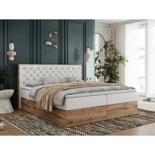 MKS Meble Boxspringbett, Deko, Doppelbett, Polsterbett mit Bettkästen und Multipocket-Matratze, Eiche Wotan holzrahmen - Albero-3 - 180x200cm - Weiß Kunstl... - Weiß