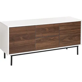 BELIANI Sideboard Dunkler Holzfarbton und Weiß Faserplatte Stahl 120 x 38 x 55 cm Holzoptik Schubladen Türen Tip-on Technik Metallgestell Wohnzimmer - Braun, Weiß