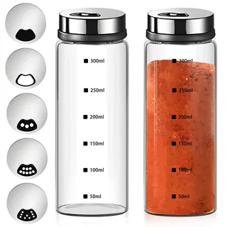 2 große Salz und Pfefferstreuer, Salz Pfefferstreuer aus Glas mit verstellbaren Ausgießlöchern, Salzstreuer mit Deckel- und Pfefferspender mit abnehmbaren Edelstahldeckeln, Salzstreuer Glas Edels