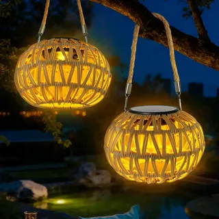 Solarlampen Für Außen Hängend/Stehend, 2 Stück Solarlaterne Für Außen, IP65 Solar Lampions Außen Wetterfest, Solar Laternen Für Draußen, Rattan Solarleuchten Garten Balkon Patio, Solarlaterne Outdoor