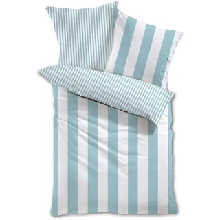 Traumschlaf Mako-Satin Wende-Bettwäsche Los Angeles – Edle Satin Bettwäsche aus 100% Baumwolle mit moderner Streifenoptik in warmen Naturtönen – 135x200 cm + 80x80 cm, hellblau
