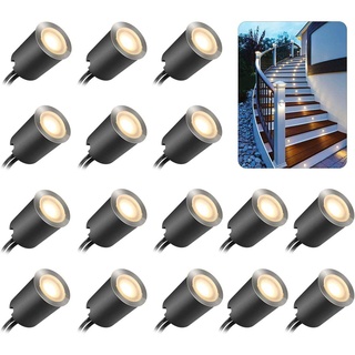 SMY 16er Set 12V Terrassen Einbaustrahler Warmweiß, 0,6W Ø32mm LED Bodeneinbaustrahler IP67 Wasserdicht für Innen Aussen Küche Garten Holzbrücke Holzdeck Gehweg 2800K(Mit EU-Stecker)