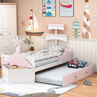 Flieks Kinderbett Holzbett 90x200cm in Segelbootform, Einzelbett Kinderbett mit Ausziehbett 90x190cm, Bett mit Staufach für Kinder, Rosa - Rosa