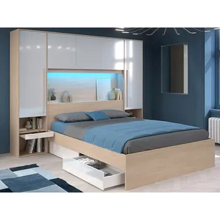 Bett mit Stauraum + Lattenrost + Matratze - 160 x 200 cm - Mit LED-Beleuchtung - Holzfarben & glänzend weiß - VELONA
