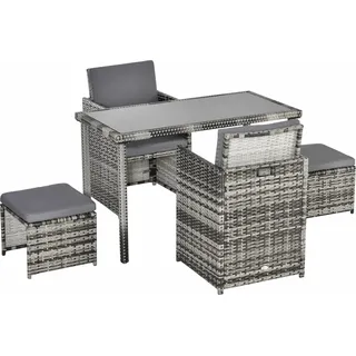 Outsunny Polyrattan Sitzgruppe 5-teilig Wetterfest Gartenmöbel-Set für 4 Personen mit Esstisch Hartglasplatte 2 Rattan-Stühlen 2 Hockern und Kissen Grau - Grau