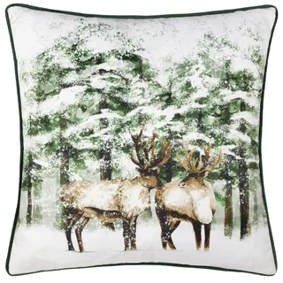 furn. Winter Reindeer Polyestergefülltes Kissen (Grün - 43x43cm) | Weihnachten Aquarell Rentier Verschneiter Kiefernwald Winterszene Samt Kissen