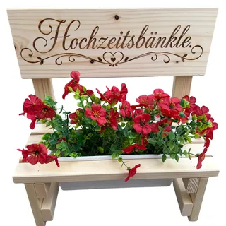 KlaSa Kreativwerkstatt Blumenbank aus Holz mit Gravur,Dekorative Pflanzbank mit Blumenkasten,Geschenk für Mama,Oma,Gartenbank für Balkon&Terrasse, Outdoor Muttertag (Hochzeitsbänkle)