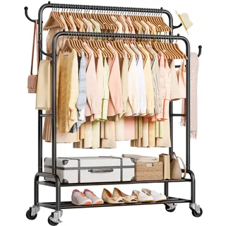 Yorbay Kleiderständer auf Rollen Garderobenständer aus Metall: 2 Kleiderstange 4 Haken 2 Lagen Staufächer bis 120 kg Belastbar - Stabil Clothes Rack für Schlafzimmer Ankleidezimmer