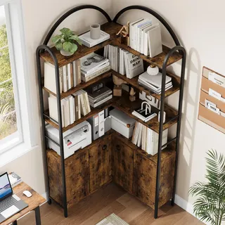 IDEALHOUSE Platzsparendes Eck-Bücherregal, Eckregal Bücherregal Eckschrank | 6 Ebenen, L-Form (74"), mit Schranktüren, verstellbare Füße, Kippschutz-Retro