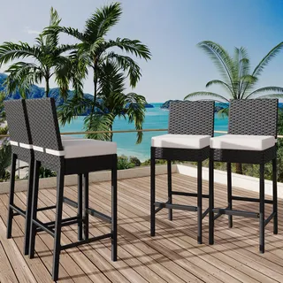 GarveeHome 4er Set Rattan-Hochstühle Mit Metallrahmen, Gepolsterte Outdoor-Barhocker Mit Rückenlehne Und Fußstütze, Wetterfester Stuhl, Für Terrasse Und Strand, 40,6 x 45 x 103,4 cm