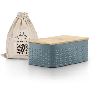 LARS NYSØM Brotkasten I Brotbox aus Metall mit Brotsack aus Leinen für langanhaltende Frische I Brotdose mit hochwertigem Bambusdeckel verwendbar als Schneidebrett I 34x18,5x13,5cm (Stone Blue)