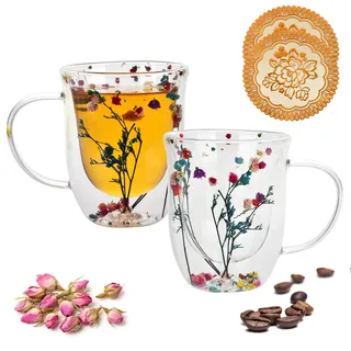 QHYK Latte Macchiato Glas becher, Doppelwandige Isolierte Glas mit Der Baum des Glücks Trockenblumen, Espressotassen Thermogläser, für Tee, Eis, Saft, Iced Kaffee - Partei & Geschenk, 320Ml, 2er Set