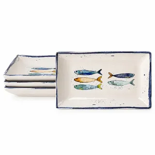 Teller im mediterranen Design mit Sardinen-Motiv | Maritime Speiseteller (26 cm), Suppenteller (21 cm) oder Dessertteller (20 cm) - robust, Steinzeug, glattes Finish (4er Set Teller (25x15 cm))