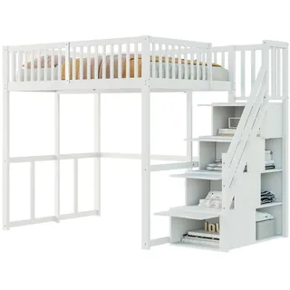 Stilvora Hochbett 140/200 cm in Weiß mit Stauraum-Sicherheitsaufstieg und Sicherheitsumrandung , Holz, Holzwerkstoff , 140x200 cm , Babymöbel & Kindermöbel, Kinderzimmer & Jugendzimmer, Kinderbetten, Hochbetten