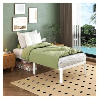 Metallbett 90x200 mit runden Eckbeinen, Höhe 30,5 cm, Bett mit Lattenrost, Metallbettgestell 90 x 200 cm mit Stauraum unter dem Bett, weiß, geräuschfrei, einfacher Aufbau