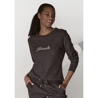 Sweatshirt BENCH. LOUNGEWEAR, Damen, Gr. 52/54, grau (anthrazit meliert), Interlock, Graumeliert (Obermaterial): 54% Baumwolle, 46% Polyester, bestickt, meliert, unifarben, Basic, Basic schmal hüftlang, Rundhals, Bündchen, Sweatshirts Sweatshirt, mit glänzender Logostickerei, Loungewear