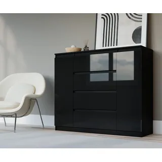 3xEliving DEMI 2D4S Kommode / Sideboard 120cm in Schwarz & Schwarz in Hochglanz - Schwarz