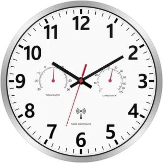 Foxtop Funk Wanduhr 30 cm mit Temperatur & Luftfeuchtigkeit Analoges Funkuhrwerk DCF77 Geräuschlos ohne Ticken Ideale Küchenuhr, Wohnzimmeruhr, Bürouhr