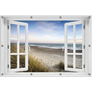 Wallario Outdoor-Poster für Garten oder Balkon 100 x 150 cm: Strandspaziergang im Urlaub an der Ostsee - Blau
