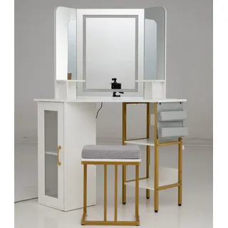 COSTWAY Eck Schminktisch mit Hocker, LED Beleuchtung & Ladestation, Eck-Frisiertisch Kosmetiktisch mit Dreifachspiegel & Stauraum Holz Metallrahmen - Weiß