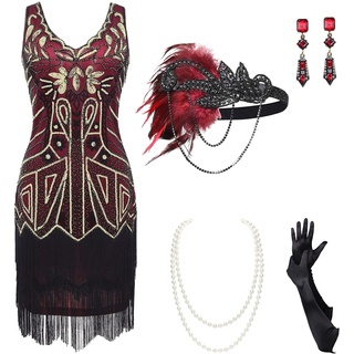 BABEYOND Damen Flapper Kleider 1920er Jahre V-Ausschnitt Perlen Fransen Great Gatsby Kleid, Set - Gold Winered, XS