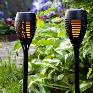 Star Trading 480-09 LED-Solar-Fackel "Flame", 2er Set schwarz, Kunststoff, imitiert Feuer, je ca. 9x50 cm, Solarpanel, Akku, outdoor, Vierfarb-Karton