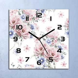 Wanduhr Echt-Glas-Küchenuhr Bouquet Rosa Blumen Quarz 30x30 Deko Bilder - Rosa