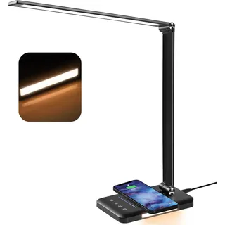 BIENSER Schreibtischlampe LED mit 10W Wireless Charging, USB Ladefunktion, 600LM Bürolampe Tischlampe mit 10 Helligkeits X 5 Farbstufen Dimmbar, Nachtlicht, Memory-Funktion, Auto Timer, 6000K, 24W