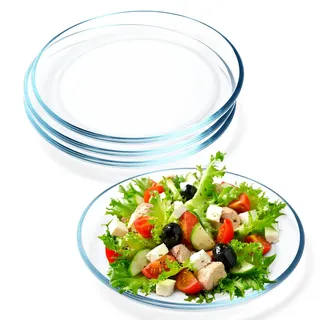 NUTRIUPS 4er Set 22,9cm Glasteller, Gehärtetes Glas, Glasgeschirr für Pasta, Salat - Spülmaschinen und Mikrowellenfest