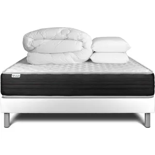 Komplettpaket Bett - Matratze 180x200 cm + Boxspringbett mit Lattenrost (im Set) + 2 Kopfkissen + Bettdecke - Vitalmemo One - Weiß