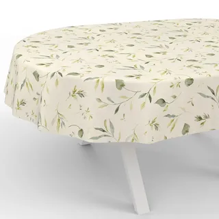 ANRO Wachstuchtischdecke abwaschbar Oval 180 x 140 cm Beige/Weiß